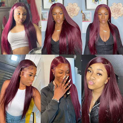 Burgundy Lace Front Wigs Human Hair for Black Women Red Wine Straight 5X5 Transparent Lace Closure Wig Long Silk Virgin Human Hair Pre Plucked with Baby Hair （18 Inches）