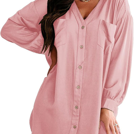 Womens V Neck Shirt Dress Long Sleeve Casual Loose Button down Tunic Dresses Pocketed Pink