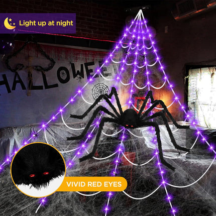 Halloween Decorations Outdoor Spiders Web Light Set, 115 Purple LED Light Decor 200” Triangular Giant Spiderweb Decorations&48" Large Spider&40G Cobweb&10 Small Spiders for Lawn Yard Party Decorations