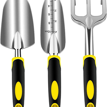 Garden Tools Set, 3 Pcs Aluminum Lightweight Gardening Tool Kit with Soft Rubberized Handle Heavy Duty Durable Garden Hand Shovel Transplant Trowel and Hand Rake Garden Gift Kit