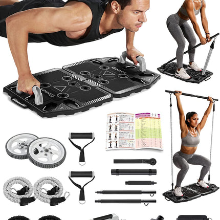 Portable Home Gym Workout Equipment with 14 Exercise Accessories Ab Roller Wheel,Elastic Resistance Bands,Push-Up Stand,Post Landmine Sleeve and More for Full Body Workouts System