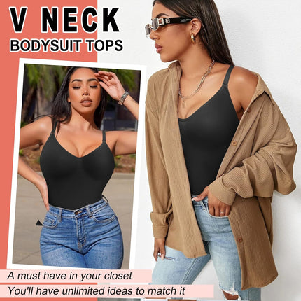 Women Seamless V Neck Bodysuit Tops Slim Fit Full Body Shaper Comfort Shapewear Butt Lifter Leotard Stretchy Jumpsuit