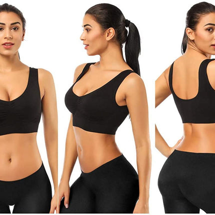 3 Pack Sports Bras for Women,Seamless Comfortable Bras Set with Removable Pads for Sleep,Pull on Closure plus Size,Black+White+Nude,Xxl