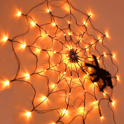 Halloween 80 LED Orange Spider Web Lights with Spider, Battery Powered 8 Modes Light up Cobweb Halloween Decorations for Indoor Ourdoor Garden Yard Home Patio (Orange)