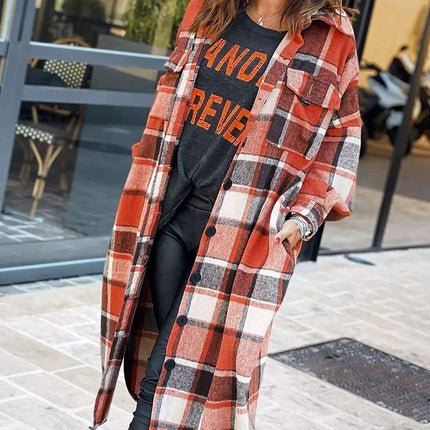 Women'S Flannel Plaid Shacket Long Sleeve Lounge Lapel Button down Shirt Jacket Trench Coat 2024