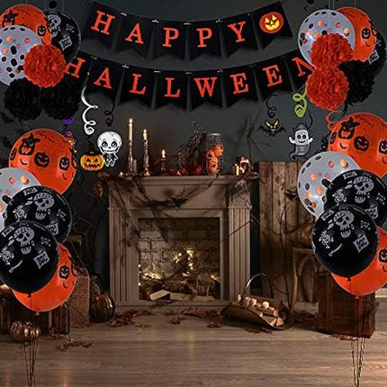 Halloween Party Decorations Kit, Happy Banner, Latex Balloons Are Printed with Patterns, Hanging Swirls, Paper Garlands Home Party Halloween Decoration Supplies（48 Pack ）