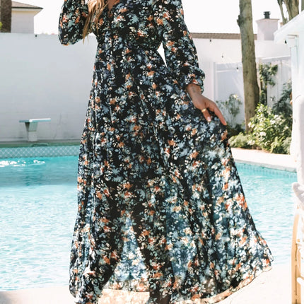 Blue Floral Print Maxi Dress for Women Fall Chiffon Deep V Neck Long Sleeves Ruffle Hem Party Dresses Fashion Elastic Cuffs Boho Dresses for Holiday Vacation, US 4-6(S)