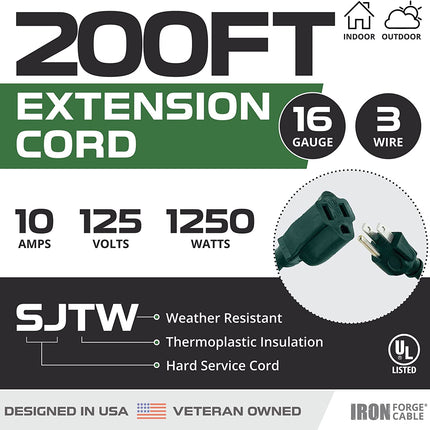 Weatherproof Outdoor Extension Cord 200 Ft, 16/3 SJTW Heavy Duty Green Extension Cord 3 Prong, Power Cable Great for Outside, Outdoor Lights, Lawn & Landscaping - US Veteran Owned