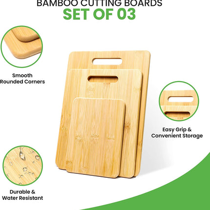 Wood Bamboo Cutting Board Set of 3 with Handle, Organic Wood Cutting Board for Chopping Meat, Butcher Block, Veggies & Cheese, for Kitchen