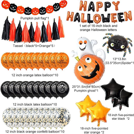 Halloween Party Decorations Set Happy Halloween Banners Kit with Latex Balloons Spider Pumpkin Ghost Aluminum Film Balloon Decorative Balloons Set（Letter Style）