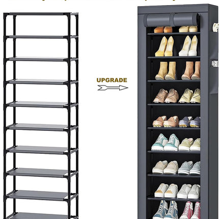 Shoes Rack 10 Tier Tall Narrow Shoe Rack with Bin Covered Shoe Shelf Storage Organizer Closet Stackable Shoe Stand