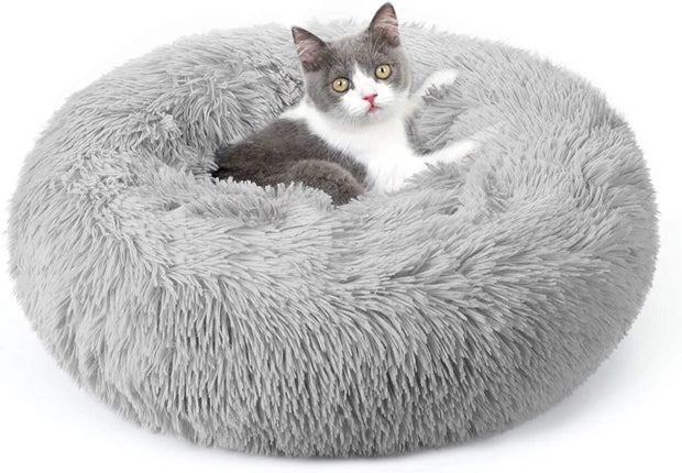 Cat Bed for Indoor Cats, Fluffy round Self Warming Calming Soft Plush Donut Cuddler Cushion Pet Bed for Small Dogs Kittens, 20 Inches