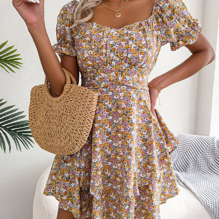 Women Mini Dress Temperament Big Swing Loose Hem Flower Print Shirring Dress Up Short Sleeves High Waist Summer Dress Clothes