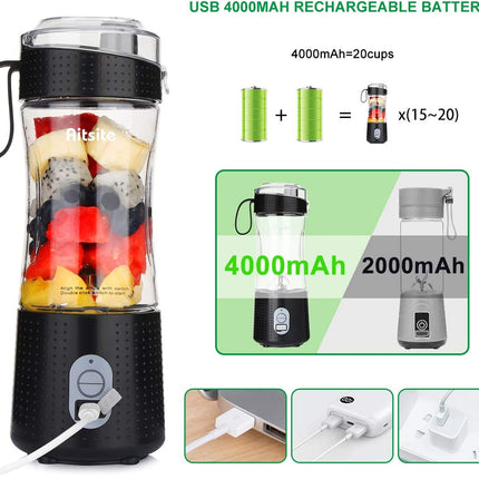 Portable Blender, Personal Mixer Fruit Rechargeable USB with 2 Straws, Mini Blender for Smoothie, Fruit Juice, Milk Shakes 380Ml, Six 3D Blades for Great Mixing (Black)