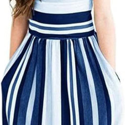 Girl'S Summer Short Long Sleeve Stripe Holiday Dress Maxi Dress with Pocket Size 6-12T