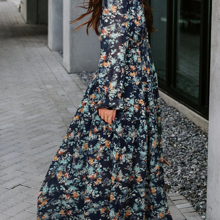 Blue Floral Print Maxi Dress for Women Fall Chiffon Deep V Neck Long Sleeves Ruffle Hem Party Dresses Fashion Elastic Cuffs Boho Dresses for Holiday Vacation, US 4-6(S)