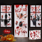 7Pcs Halloween Window Door Decoration Covers Set, Includes 2Pcs Halloween Window Clings, 1Pcs Halloween Giant Door Poster, 4Pcs Bloody Handprint Footprint Stickers for Halloween Party Indoor Outdoor