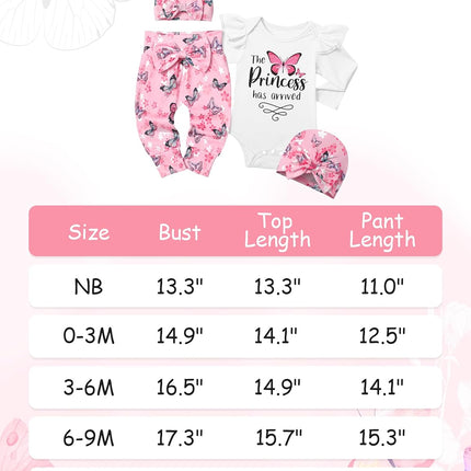 Baby Girl Clothes, Newborn Girl Letter Print Romper Tops +Cute Pants +Hat +Headband 4PCS Spring Summer Outfits Set