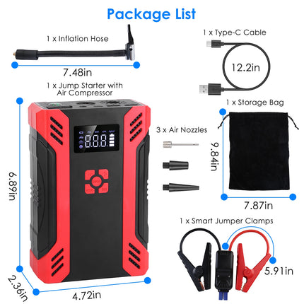 1Pc Car Jump Starter With Air Compressor Portable Car Battery Booster With Digital Tire Inflator With 2000mAh Peak Current For 12V Car 6.5L Gas Or 4.0L Diesel Engines