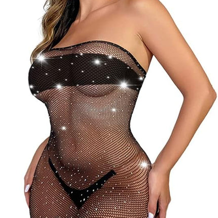 Women'S Sexy Fishnet Bodysuit Rhinestone Mesh Dress Hole Strap Stretch Chemise Nightwear