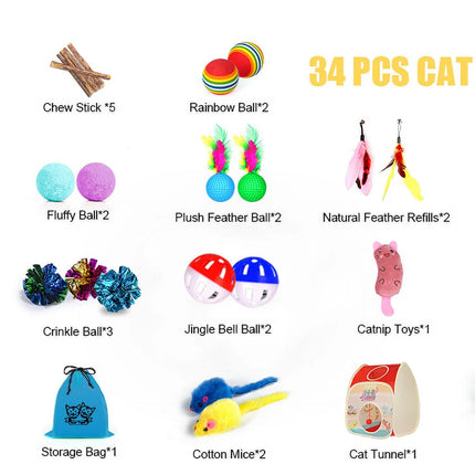 34Pcs Cat Toys Kitten Toys, Interactive Kitty Toys with Collapsible Cat Tunnels Tent, Cat Wand Catnip Feather Teaser