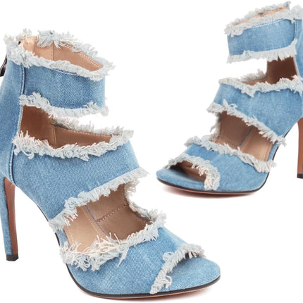 Women‘S Denim Heels Ankle Strap Peep Toe Heeled Sandals