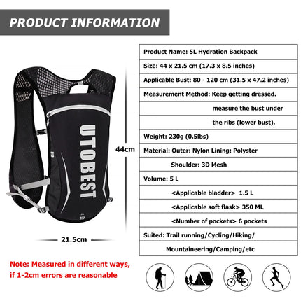 Running Backpacks Lightweight Hydration Pack Functional Running Vest 5L