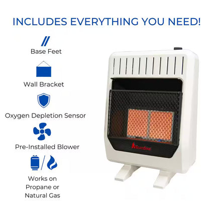 20,000 BTU, Dual Fuel Ventless Infrared Plaque Heater with Base and Blower, T-Stat Control