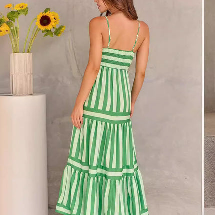 Summer Striped Printed Suspender Long Dress With Pockets Fashion Square Neck Backless Dresses For Beach Vacation Women Clothing