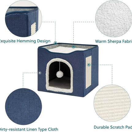 Cat Beds for Indoor Cats -Large Cat Cave for Pet Cat House with Fluffy Ball Hanging and Scratch Pad, Foldable Cat Hidewawy, Blue