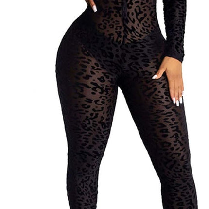 Women See through Bodycon Jumpsuit - One Piece Deep V Neck Outfits Sheer Mesh Leopard Clubwear Jumpsuit Rompers