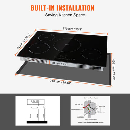 Electric Cooktop, 4 Burners, 30 Induction Stove Top, Built-in Magnetic Cooktop 7500W, 9 Heating Level Multifunctional Burner, LED Touch Screen With Child Lock  Over-Temperature Protection