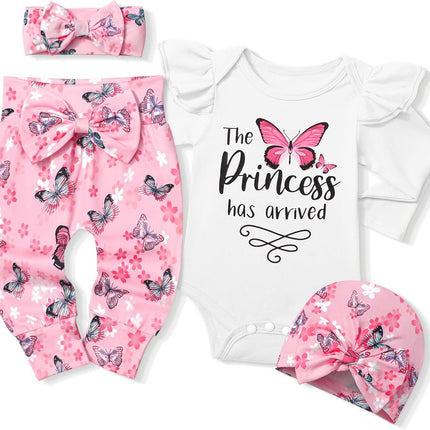 Baby Girl Clothes, Newborn Girl Letter Print Romper Tops +Cute Pants +Hat +Headband 4PCS Spring Summer Outfits Set