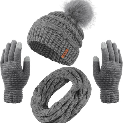 Womens Winter Warm Sets Knitted Fur Pompoms Beanie Hat Circle Loop Scarf Touch Screen Gloves Winter Favor Accessories