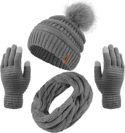 Womens Winter Warm Sets Knitted Fur Pompoms Beanie Hat Circle Loop Scarf Touch Screen Gloves Winter Favor Accessories