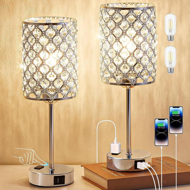 Table Lamps for Bedroom Set of 2-Crystal Table Lamp with USB C+A Ports & AC Outlet Sliver Nightstand Touch Lamp with 3-Way Dimmable Bedside Side Desk Lamp for Living/Bedroom (LED Bulb Included)