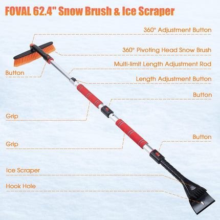 62.4" Extendable Snow Brush and Wider Ice Scraper (4.73" Width) with 360° Pivoting Brush Head, Snow Removal Tool Car Brush with Comfortable Foam Grip for Car Windshield, Trucks, Suvs