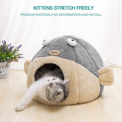 Cat Beds for Indoor Cats - Cat Bed Cave with Removable Washable Cushioned Pillow, Soft Plush Premium Cotton No Deformation Pet Bed, Lively Pufferfish Cat House Design, Grey, Multiple Sizes(S)