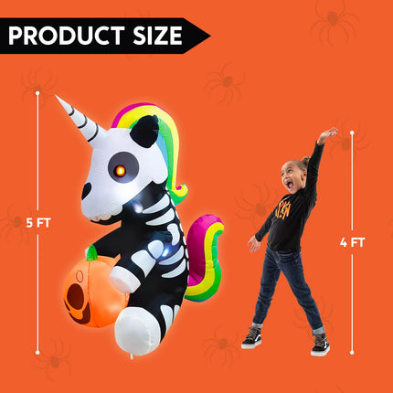 5 Ft Halloween Inflatable Sitting Skeleton Unicorn with Build-In Leds,Halloween Blow up Yard Decorations Outdoor Decorations