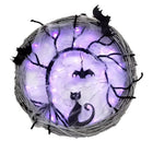 17.7Inch Lighted up Bat and Cat Halloween Wreath Decoration with Purple LED Lights,Battery Operated Horror Black Wreath Halloween Porch Decor