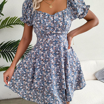 Women Mini Dress Temperament Big Swing Loose Hem Flower Print Shirring Dress Up Short Sleeves High Waist Summer Dress Clothes