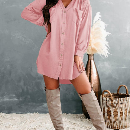 Womens V Neck Shirt Dress Long Sleeve Casual Loose Button down Tunic Dresses Pocketed Pink