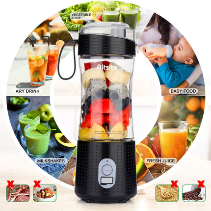 Portable Blender, Personal Mixer Fruit Rechargeable USB with 2 Straws, Mini Blender for Smoothie, Fruit Juice, Milk Shakes 380Ml, Six 3D Blades for Great Mixing (Black)