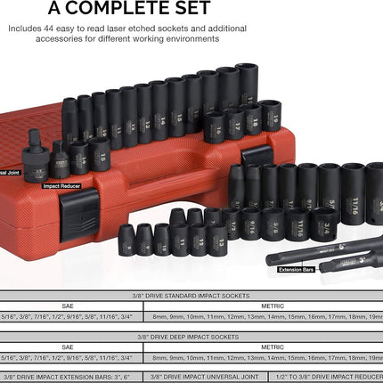 02440A 3/8-Inch-Drive Impact Socket Set, SAE Sizes 5/16" to 3/4" and Metric Sizes 8 Mm to 19 Mm, Includes Extension Bars and U-Joint, 44 Pieces