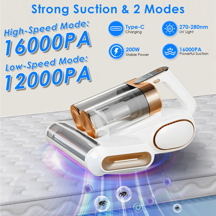 1Pc Mattress Vacuum Cleaner 16Kpa Bed Vacuum Cleaner Handheld Vacuums With Ultrasonic And UVC Light 18000 RPM Brushroll Rotation Dual Dust Bins Washable Filters For Bed Pillows Cribs Sofa