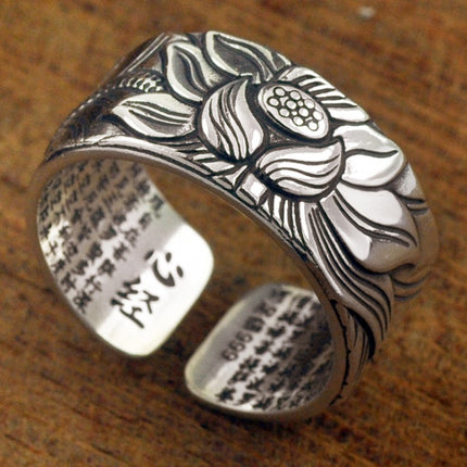 Thai Silver Black Lotus Heart Sutra  Ring