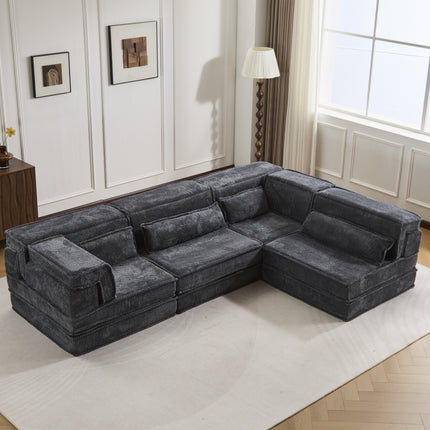 Compression Mahjong Sofa,Convertible Floor Sofa Bed,DIY Boneless Modular Sectional Sofa,No Assembly Required,Circle Fleece Fabric,Oversized 4 Seater With 4 Pillows,Dark-grey