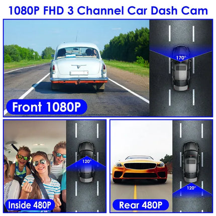 1080P FUD 3 Channel WiFi Dash Cam 170° Wide Angle Triple Car Camera With IR Night G-Sensor Motion Detection Loop Recording App Control Support 128G Max