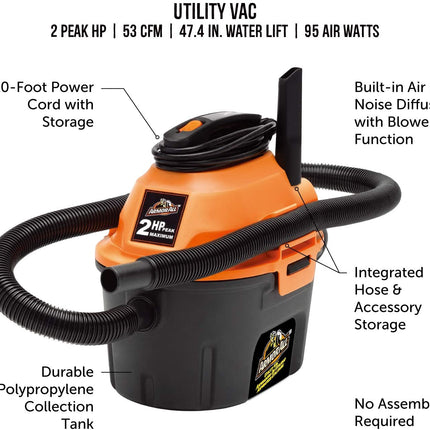 , AA255 , 2.5 Gallon 2 Peak HP Wet/Dry Utility Shop Vacuum , Orange