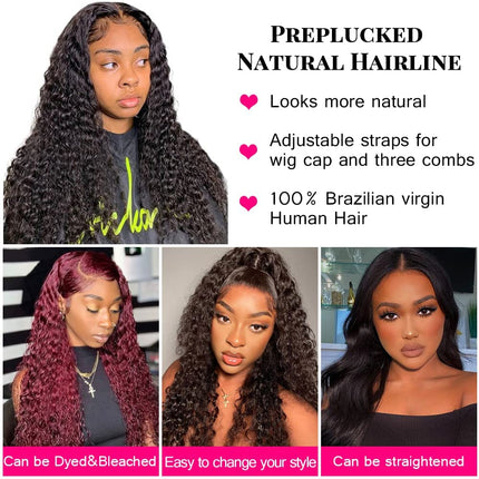 13X6 Deep Wave Lace Front Wigs Human Hair 200% Density HD Transparent Lace Frontal Wig for Black Women Glueless Wigs Pre Plucked with Baby Hair Natural Hair Black Color Deep Wave Wig(18Inch)